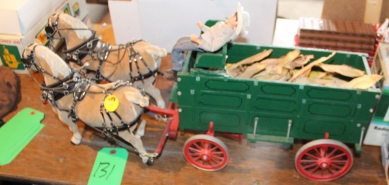 2 HORSE HITCH WITH WOOD TRIPLE BOX, MINIATURE SET, WITH FLOCKING,CUSTOM MADE HARNESS
