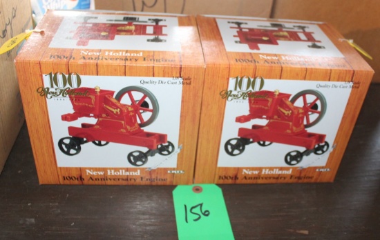 (2) NEW HOLLAND 1/8TH SCALE 1 FLYWHEEL ENGINE ON CART, BOX HAS WEAR
