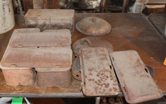 FARM EQUIPMENT TOOL BOXES W/ COVER, SOME HAVE ADVERTISING