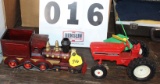 WOODEN TRAIN ENGINE AND INTERNATIONAL TRACTOR, NO BOXES