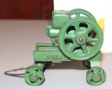 CAST IRON JOHN DEERE ENGINE ON CART, MADE BY VINDEX,  HAS PAINT CHIPS