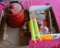 (2) BOXES, GAS CAN, FISHING POLES, MISC LIGHTS