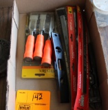 BOX OF CHISELS AND HACKSAW BLADES