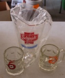 SCHMIDT BEER PITCHER, (2) A&W MUGS