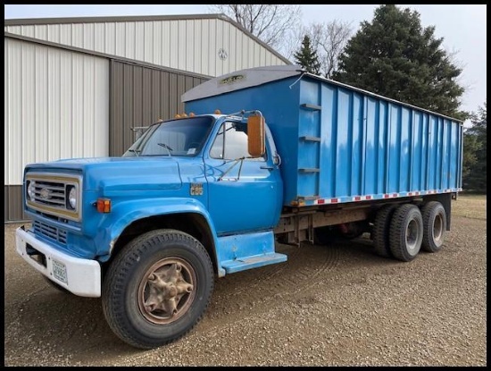 1975 Chevy C-65 Tandem Axle Twin Screw Truck, 5&4 Spd, 427 Gas Eng., Roll Tarp, 20' Steel Box /Hoist