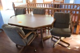 Dining Room Table, (1) Leaf, (4) Cloth Swivel Roller Chairs