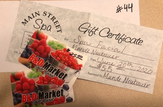 (2) $25 B&D Market Gift Certificates and $50 Main Street Spa Gift Certificate