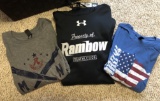 Rambow L MN T-shirt, XL UA Black hooded sweatshirt, M blue flag T-shirt, Donated by Rambo