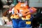 Tote of stuffed orange M & M characters, pumpkin light set, Oscar Meyer stu