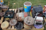 Pallet of Lights, Oil Cans, Milk Can Lids