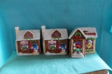 (2) boxes Ceramic M & M bakery, (2) lodges, flower planter, candy house and