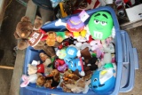 Rubbermaid tote of stuffed M & M bears and characters, includes tote