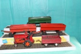 (3) Steel flare boxes, metal wagon, metal manure spreader and tin tractor