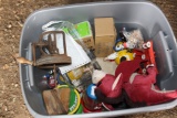 Plastic tote of misc., M & M items, top for a butter churn and Twins newspa