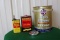 Skelly Supreme grease can, Glisteniz auto wax can, Mitee thread cutting oil