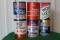 (1) Full Skelly Supreme Plus, (5) empty oil cans, Amoco, Wolf's Head, Harve