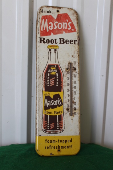 "Drink Mason's Root Beer" tin thermometer, 16"x4.5"