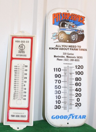 (2) metal thermometer, Golden Harvest Rob-see-co and Goodyear Pit Stop Serv