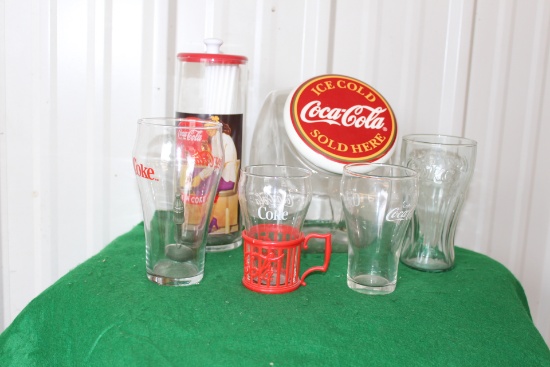 Coca Cola glasses various sizes, straw holder with straws, glass jar with c