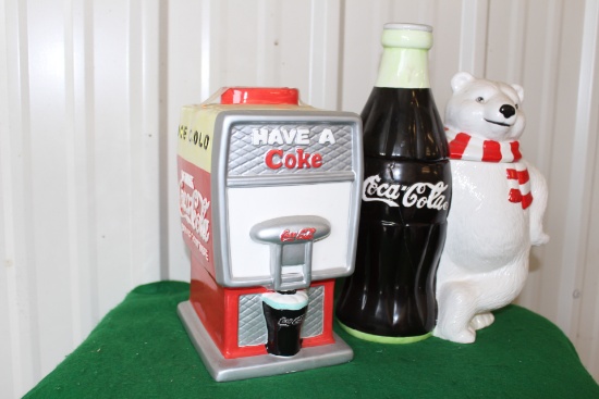 Coca Cola cookie jars, (1) soda dispenser shaped, (1) polar bear with bottl