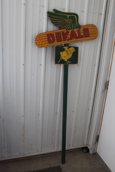 Dekalb masonite sign on wooden post, approx 30"W x 15"H