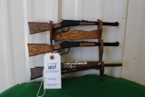 (3) Miniature toy rifles with wooden gun rack