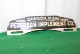 Peterson Implement Co metal license plate topper, Dawson, MN Chrysler Plymo