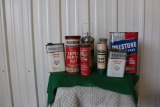 Misc tins including Prestone, Paramount super repair kit, tire talc, Whisk