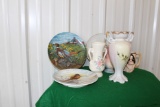 (3) decorative pheasant plates, (3) small decorative vases, (1) mug