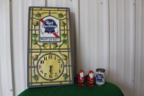 Pabst Blue Ribbon clock,damaged, (2) Bud Man shakers, Pabst coin bank