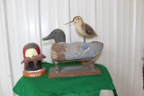 Wooden duck decoy on stand, wooden bird decoy on pole, wooden bird head wit