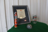 Bengston Oil Co appreciation plaque, Sinclair glass cup, mini Gulf gasoline