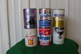 (6) cans, MobilOil special, Lemans Snowbil oil, Evinrude 2 cylinder outboar