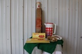 Box of Dixie 7Up cups, plastic pitcher, Granite Falls ice cream boxes, Gamb