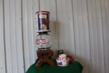 Glass nuts jar on wooden stand, Cracker Jack Tin, Coca Cola and Cracker Jac