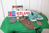 Hand iron, small moccasins, Iceland decal, ribbon