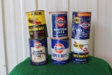 (6) empty oil cans, Sunoco, Gulf, Champlin, Rislone