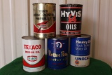 (1) Full Texaco motor oil can, (4) empty cans, Unocal, Mother Penn, Hyvis,