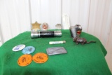 Sheriff badges, threshing show buttons, flashlight, mini Royalton coal bin,