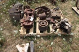 Assorted Gas Engine, parts to drill press, engine parts, cultivator shovels, pulleys, base for pump
