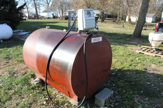 500 GALLON DIESEL BARREL, GASBOY PUMP & METER, AUTO NOZZLE, 110 VOLT