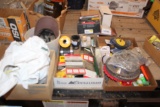 110v plug-ins, lockset, sawblades, bits, tape, (5) boxes