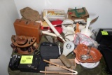 CARD TABLE, APPLE PEELER, VELVEETA WOODEN CHEESE BOXES, PIPE STAND, TOBACCO JAR, CAMERAS AND MORE