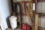 MISC. ELECTRICAL CORDS (2) GAS CANS, WASTE BASKET, HOSES, LIGHT