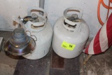 2 LP GAS TANKS, ONE WITH SUNFLOWER HEATER