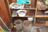 Enamal pan, nail kegs, wedges, Coleman water jug