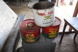 (3) Metal grease pails, (1) Farmers Union, (1) Co-op, and (1) ML 365