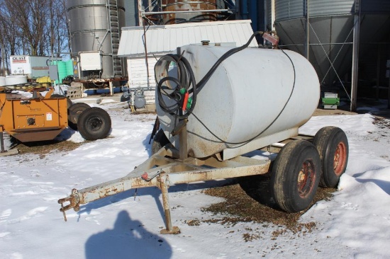 APPROX 500 GALLON FUEL BARREL ON TANDEM AXLE TRAILER, 20 GPM 12 VOLT PUMP, NO TITLE ON TRAILER