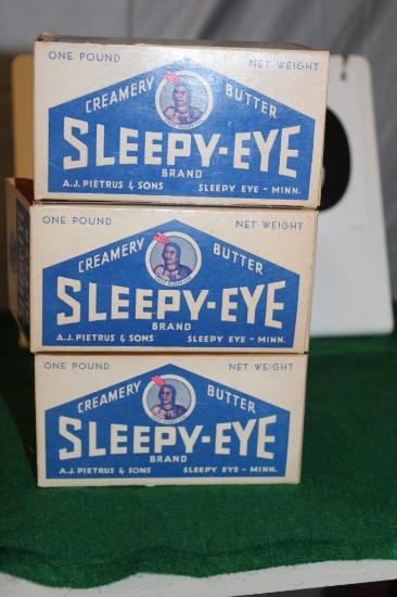 (3) SLEEPY EYE CREAMERY BUTTER 1 POUND BOXES, ALL HAVE SOME DAMAGE