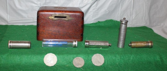 (5) DIME COIN BANKS, WOOD BANK, AND AUSTRALIAN COINS